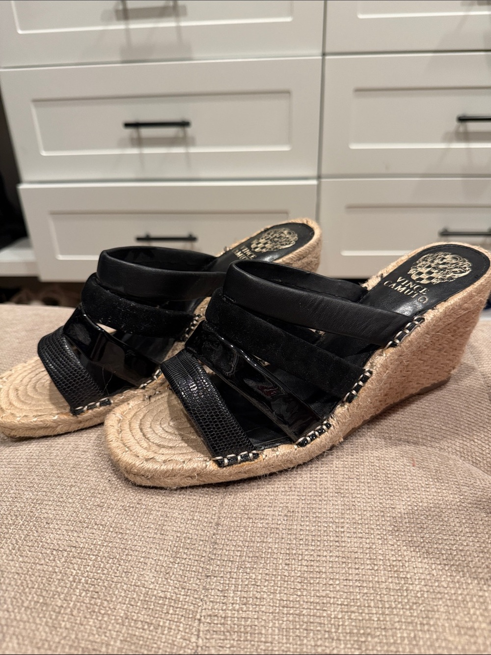 Vince Camuto Black Multi-Texture Espadrille Wedge Sandals